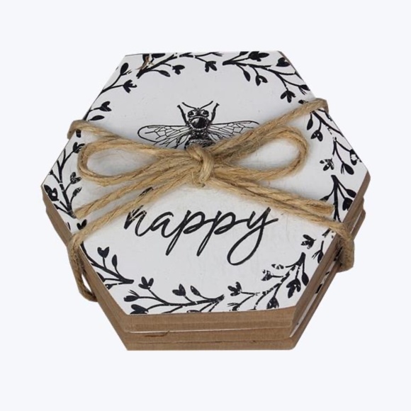 Buzzing Honey Bee Coaster Set of Four Happy Spring Summer Farmhouse Country - Picture 1 of 2